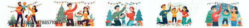 vector family together putting up christmas lights