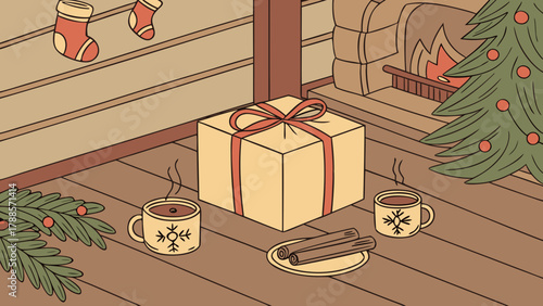 A christmas scene with a gift box, mugs, cinnamon sticks, tree, fireplace and stockings hung up