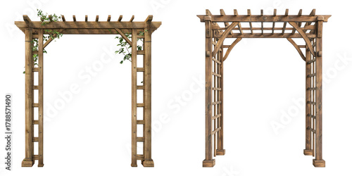 Two beautiful wooden garden arbors, one decorated with plants, showcasing architectural beauty