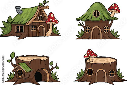 Cartoon tree stump houses with mushrooms and green roofs, vector illustration for fantasy forest dwellings and magical nature concept