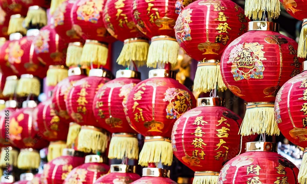 Fototapeta premium Traditional red chinese lanterns line up with golden symbols Vector, illustration