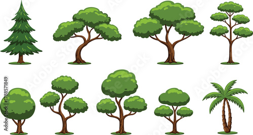 Fotografija Cartoon tree variety set with distinct shapes, foliage styles, and species, vect