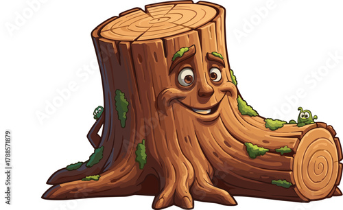 Cartoon tree stump with smiling face and bugs, vector illustration for forest education, playful nature character, and woodland storytelling concept