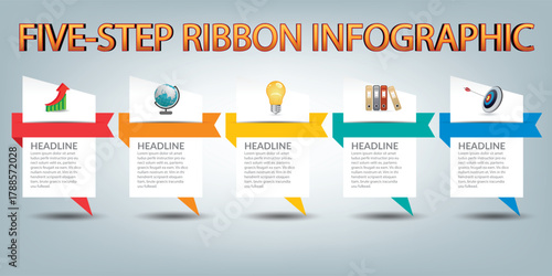 Five-Step Ribbon Infographic With Colorful Banners And Business Icons for Workflow, Process Chart, Marketing Strategy, and Data Presentation