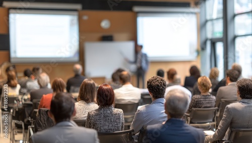 Wallpaper Mural Audience views speaker presenting in brightly lit conference room setting Torontodigital.ca