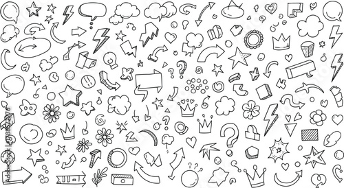Doodle Seamless Pattern with Hand Drawn Arrows, Stars, Speech Bubbles,Crowns