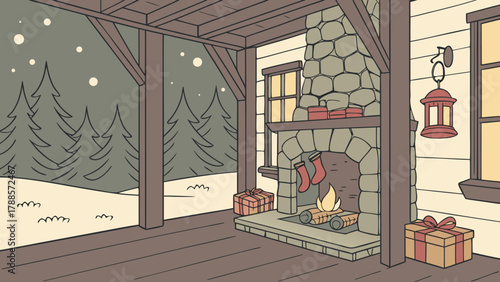 Cozy christmas scene with a fireplace gifts and stockings in a cabin during a snowy night