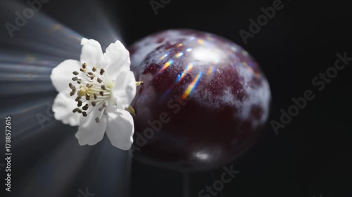 Close Up of a Plum With Sunlight and a Flower on a Dark Background