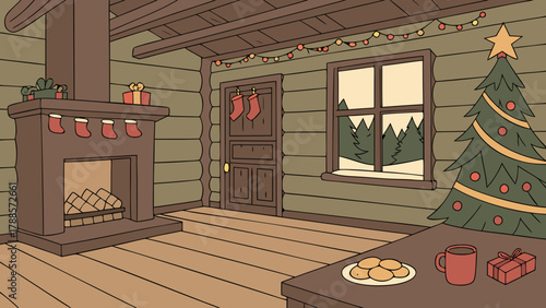 A cozy christmas scene inside a log cabin with a christmas tree and a fireplace with stockings