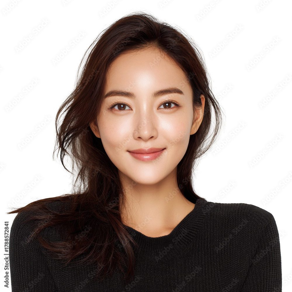 Fototapeta premium Portrait of a young Asian woman with long brown hair wearing a black top isolated on white background