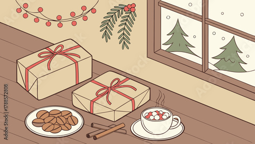 Festive winter scene with gifts coffee beans cinnamon sticks and hot chocolate by the window