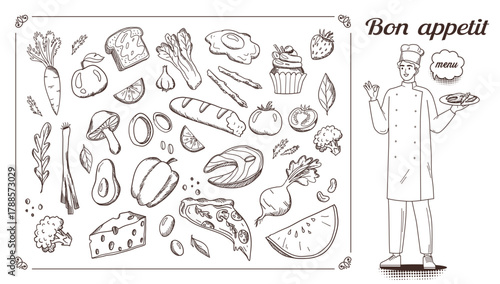 Various food vector hand drawings for menu and young chef character