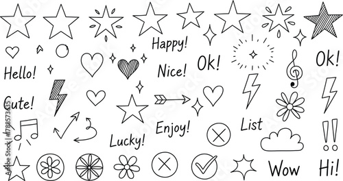 Doodle Set, Hearts, Stars, Clouds, Arrows, Lightning Bolts on White Background
