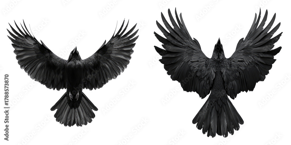 Naklejka premium Two black ravens, with outstretched wings, soaring through the sky