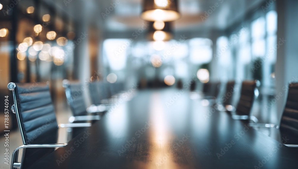 Fototapeta premium Empty modern conference room with dark table and blurred background lights.