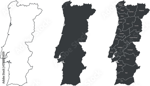 Portugal Map Set – Outline, Silhouette, and Administrative Regions Vector