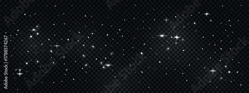 Starry universe background with glimmer stars. Glowing night sky space isolated on transparent backdrop