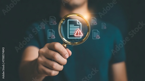 Businessman holding magnifying glass highlighting digital document with warning icon. Concept of data analysis and document error detection. Cyber security risk, information review