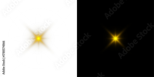Png white star light, sparkle. Yellow light effect. Shining light with yellow gold color. Png spotlight spark.Vector transparent sunlight special lens flare light effect