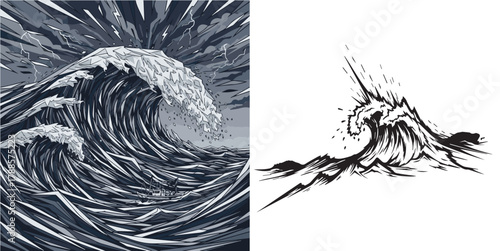 Dramatic Crashing Wave Vector Art with Geometric Shapes and Stormy Sky