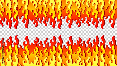 Fire flame illustration. Abstract fire background on transparent background. Abstract cartoon flame background. Fire flame seamless border pattern. Fire seamless pattern background.	