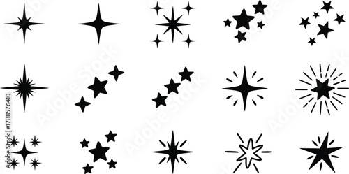 Doodle Star Set with Sparkles, Hand Drawn Style Elements on Transparent Background