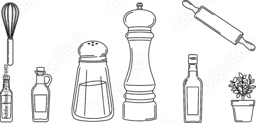 Kitchen ingredients simple outline set. Vector pictograms of salt shaker, pepper mill, thin contour illustration.