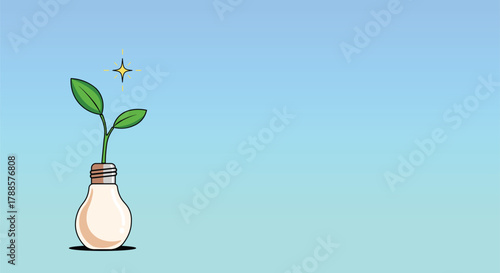 Eco Innovation Concept - Plant Growing Inside Light Bulb on Blue Gradient Background