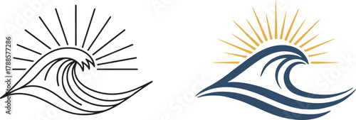 Modern Abstract Wave and Sun Graphic Design in Line Art and Color