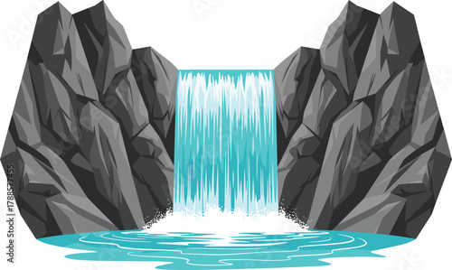 Cartoon waterfall flowing between rocky cliffs into a pool, vector illustration for nature, landscape, and outdoor adventure concept