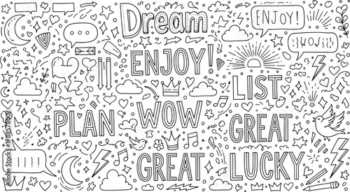 Doodle Style Words with Hearts, Stars, Clouds, Crowns Transparent Background