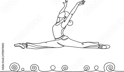  Split Leap Vector Outline: Woman Dancer in Grand Jeté Pose with Decorative Swirl Border for Dance, Exercise, Flexibility, Movement, and Performance Graphics.