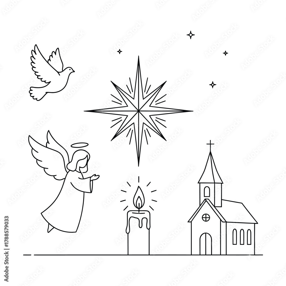 Naklejka premium Christmas star with angel and dove line art vector illustration