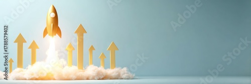 Golden rocket launching past upward pointing arrows and smoke.