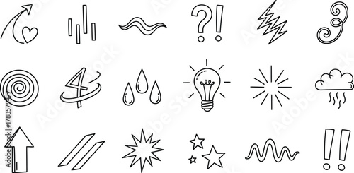 Doodle Symbols Collection Line Art Arrows, Stars, Lightbulb, Raindrops on Transparent Background