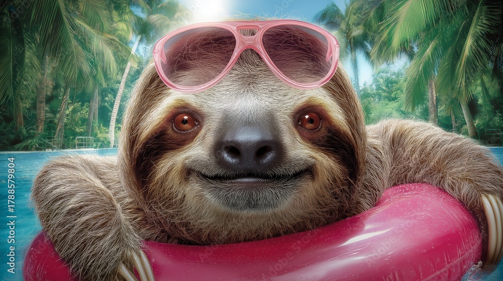 Obraz premium cute sloth swim with swim tube wearing pink sunglasses at tropical pond smile with calm 