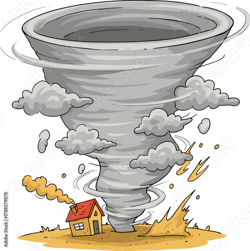 Cartoon-style tornado touching down near house, vector illustration for weather education, natural disaster awareness, and editorial storm content