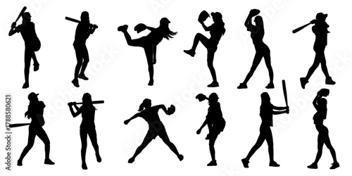 Set of silhouettes of people playing baseball