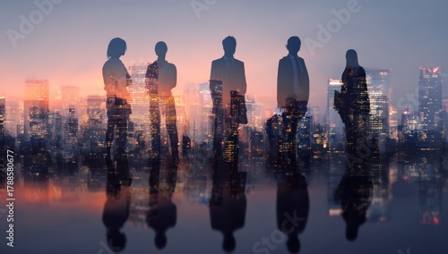 Business people silhouettes double exposed over glowing city skyline at dusk