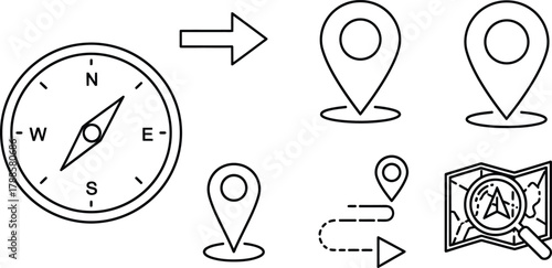 Simple navigation line icon set. Vector pictograms of compass, map pin, thin linear illustration.