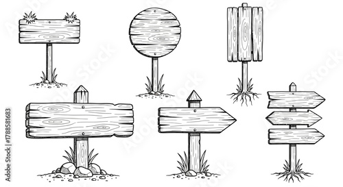 A vintage collection of hand-drawn blank wooden signboards, roadsigns, and direction pointers in a rustic sketch style