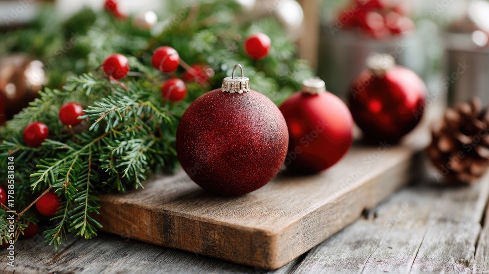 Fototapeta premium A small green tree with red berries sits on a table close to a fire pit, creating a cozy atmosphere as the sun sets