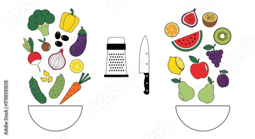 Culinary concept illustration of fresh fruits and vegetables being sorted into bowls for a healthy recipe with kitchen utensils