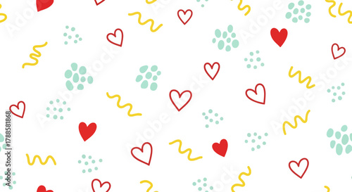 Playful abstract seamless pattern with hand-drawn hearts and colorful doodles. Cute romantic vector background for Valentine's Day or love-themed designs