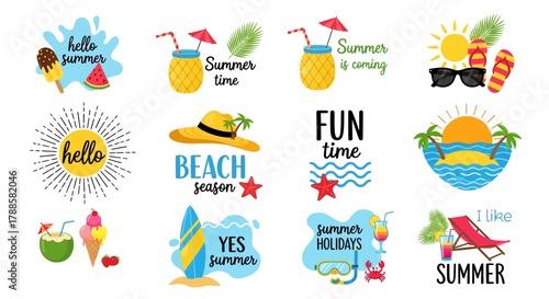 A vibrant collection of summer vacation icons and labels, featuring tropical beach elements, holiday badges, and fun typography designs