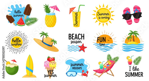 Colorful collection of summer themed design elements. Vector icon set for vacation, beach, and holiday graphics