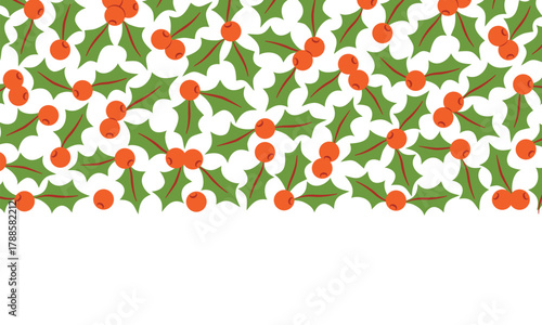 Green holly leaves and red berries template. Winter holidays Christmas and New Year celebration vector background