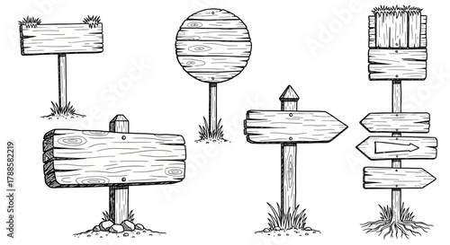A sketched vector collection of empty wooden direction signs, arrow pointers, and blank billboards for design templates