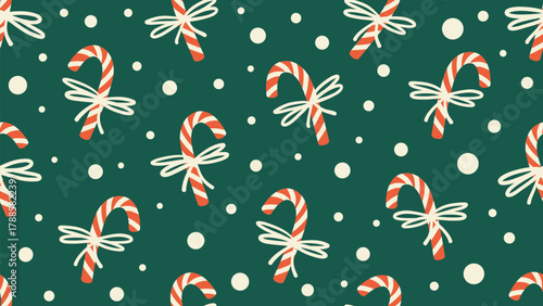 Christmas seamless pattern with candy canes, bows, and snowballs on a green background. Winter festive vector decor for wrapping paper, fabric,