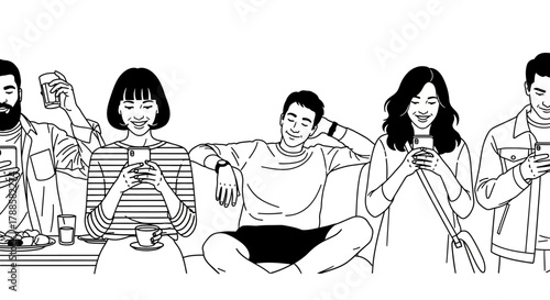 A minimalist line drawing captures a group of diverse friends together yet separate, each engrossed in their digital world on a smartphone